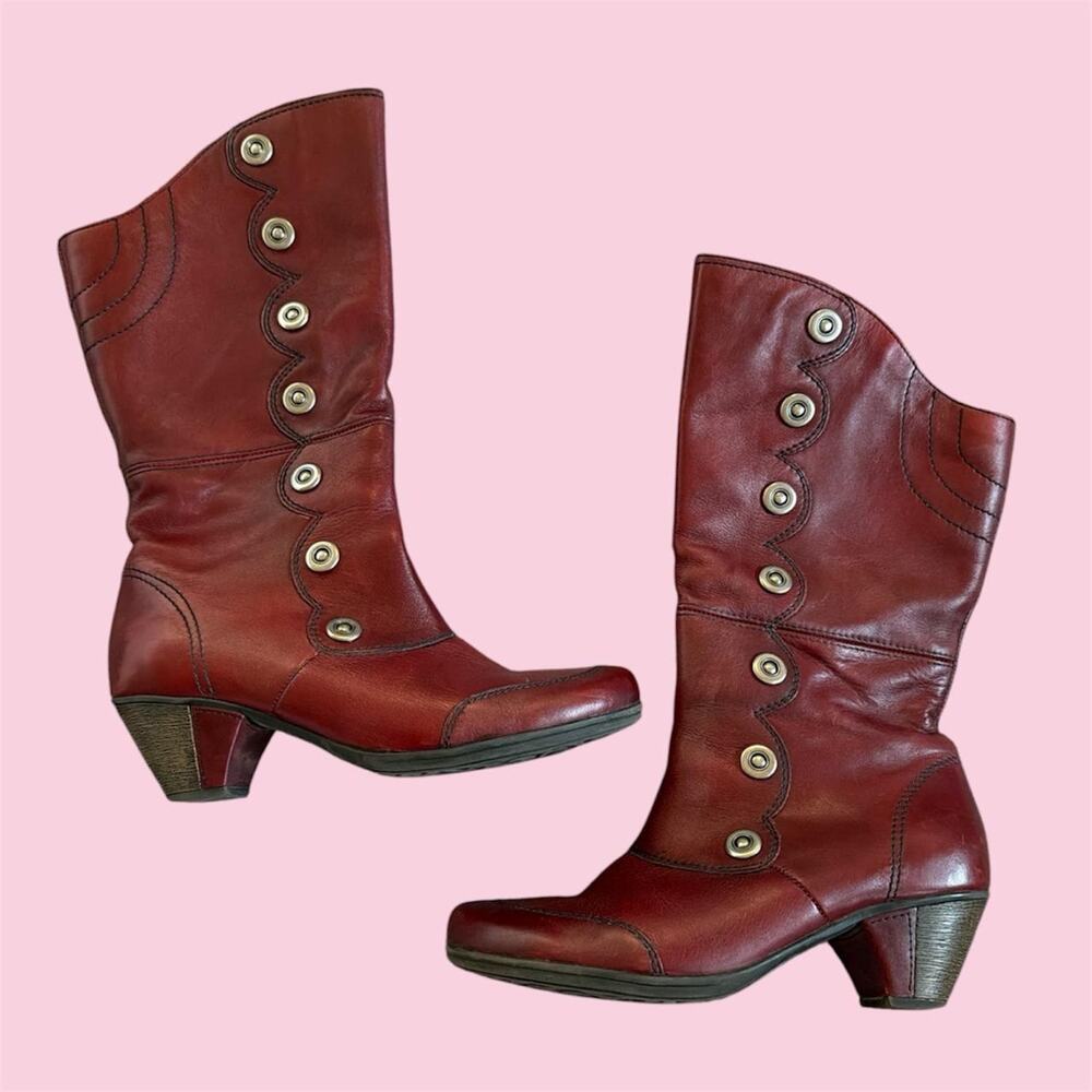 Remonte Red Leather vintage Victorian style mid calf heeled boots